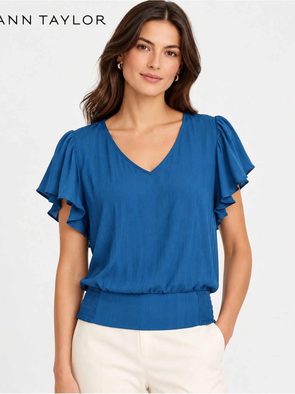 Ann Taylor Factory Cerulean V-Neck Flutter Sleeve Blouse